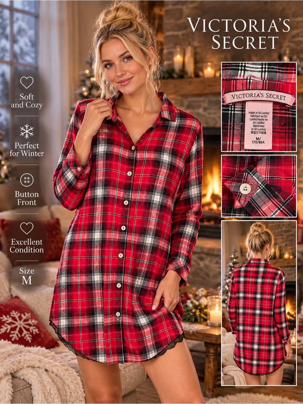 Victoria’s Secret Red Plaid Button Front Nightshirt Nightgown Size M